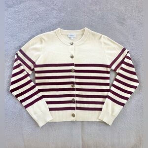 Evereve Womens Burgundy Striped Round Neck Button Up Cardigan Sweater Size M